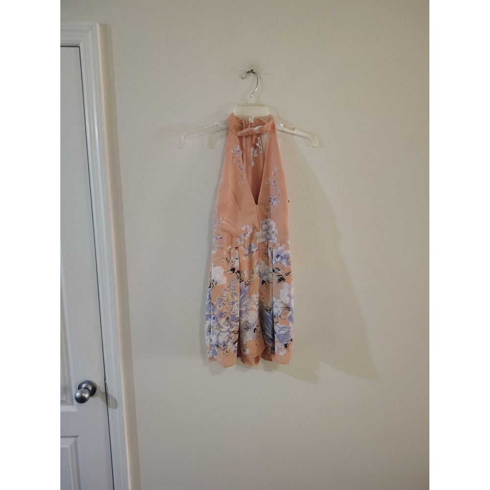 Charlotte Russe Womens Floral Halter Romper Peach Blue V-Neck Sleeveless Small